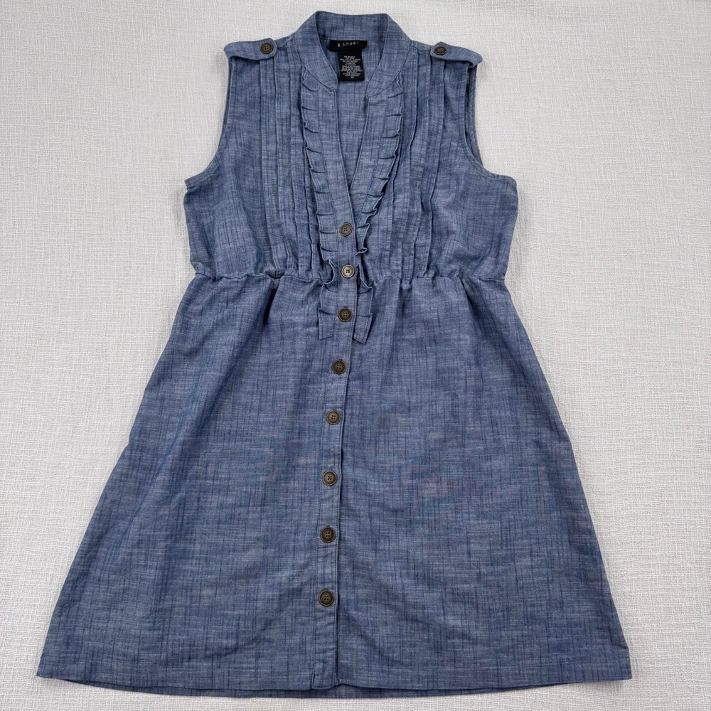 B. Smart Women 10 Blue Sleeveless Ruffle Button Front Chambray Cottage Dress